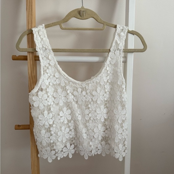 En Creme Tops - En Creme White Embellished Crop Tank Top